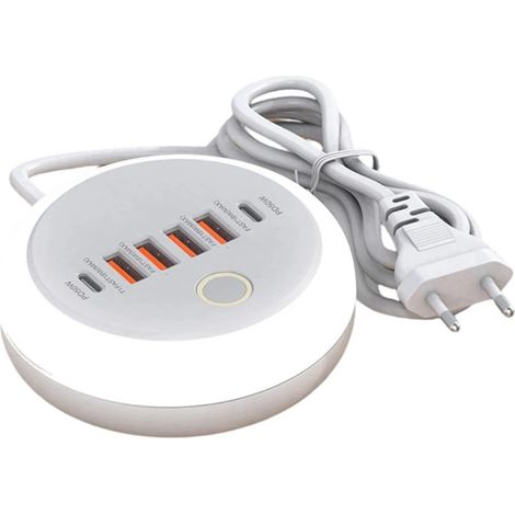Adaptateur de charge USB C multiport avec veilleuse LED ronde créative, charge rapide intelligente, 6 ports (2 Type C + 4 USB)
