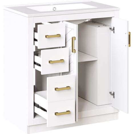 Waschbeckenunterschrank mit 2 Turen, 3 Schubladen und 2 offenen Fachern, Keramikbecken, fur Bad, 76.5x46.5x84.5 cm (1/5)