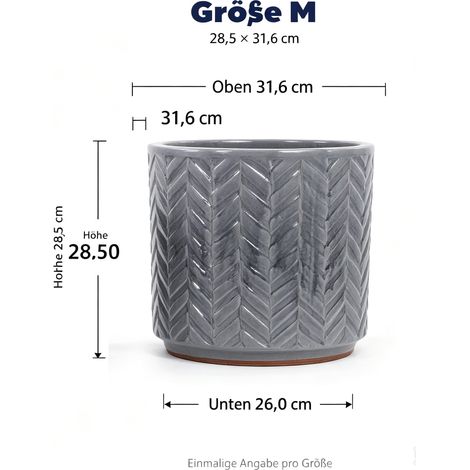 Pot de fleur céramique artisanal, gris cendre brillant relief arête de poisson, respirant et résistant gel, diamètre 31,5 cm, plantes moyennes et herbes (1/5)