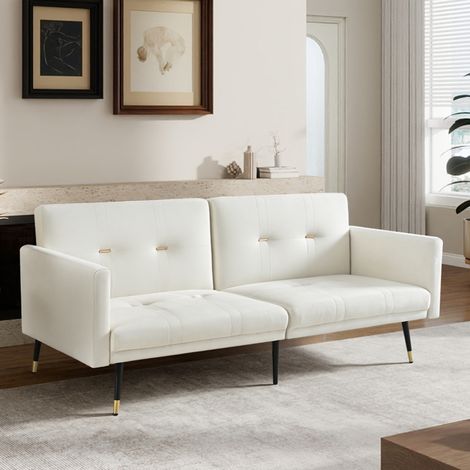 Divano letto 2 posti velluto beige, schienale regolabile 5 posizioni, 164x89x70 cm DESVIAE (1/5)