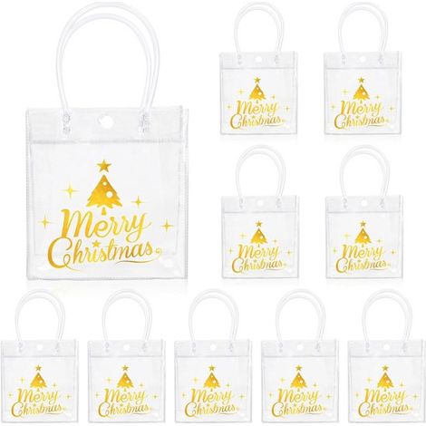 Set di 12 sacchetti regalo natalizi in PVC con motivo albero di Natale in lamina d'oro, trasparenti e riutilizzabili con manici (per Natale, festività e feste) (1/5)
