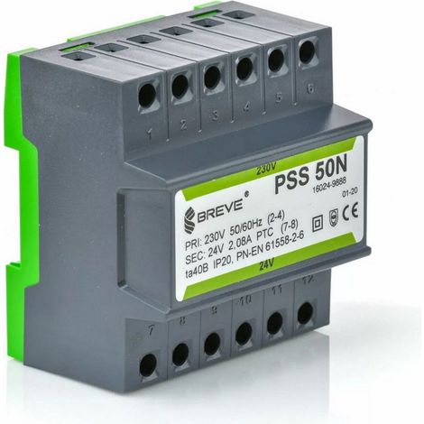 Transformateur monophasé PSS 50N 230/24V IP30 pour rail DIN TH-35 en boîtier modulaire (1/2)