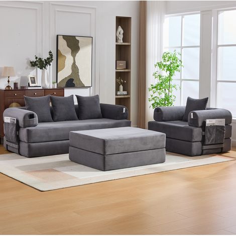 Canapé modulaire 200x94x67 cm gris foncé en velours côtelé avec pouf, poche latérale et coussins (1/5)