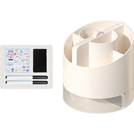 Organisateur de bureau 6 compartiments avec plateau, miroir intégré, calculatrice et tableau blanc effaçable pour notes et emploi du temps, rangement fournitures scolaires et artistiques, 2 feutres in (1/4)