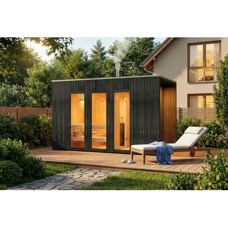 FinnTherm Sauna extérieur Tim Noir Lasure , 72 mm Épaisseur de paroi 210 x 382 cm
