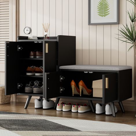 Banc à chaussures moderne 120 × 34 × 82 cm – Noir– Meuble à chaussures avec 4 portes de rangement – Poignées métal asymétriques –  Pour entrée, couloir ou hall d’entrée