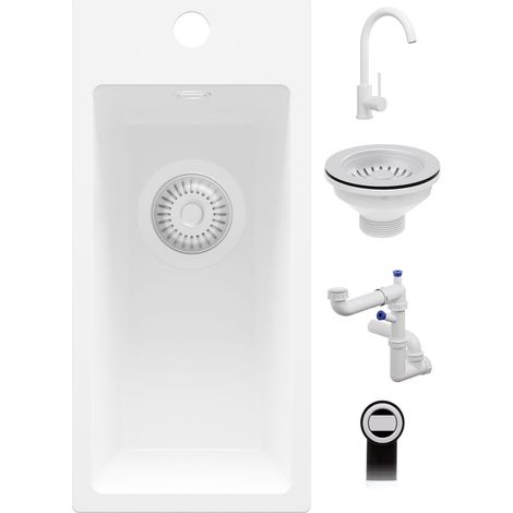 PRIMAGRAN Evier Cuisine en Granit 23x50cm,Lavabo 1 Bac + Robinet 32x20cm + Kit de Vidage, Évier à Encastrer au Meuble 25cm - Riga, Tout Blanc (1/5)