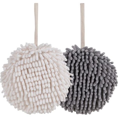 Fuzzy Ball Handtuch-Sets aus 2 Weiß und Grau – Trocknen Sie Ihre Hände sofort und bequem mit diesem kreativen Badetuch-Set. Dekorative Handtücher für das Badezimmer, 2er-Pack (1/4)