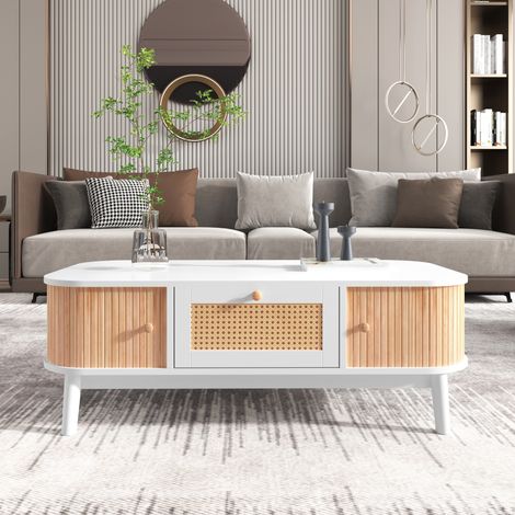 Table basse en rotin 110 x 55 x 38,5 cm avec tiroir et portes coulissantes, blanc et bois DESVIAE (1/5)