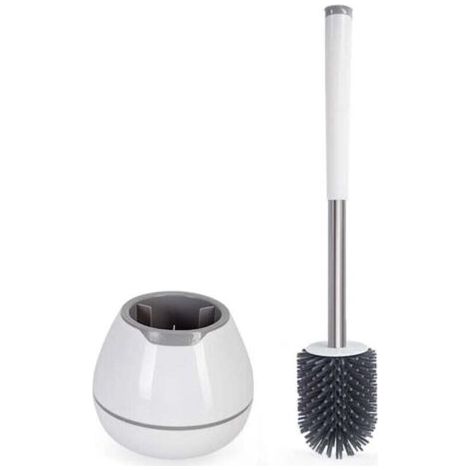 Set scopino e porta scopino per WC, spazzola per la pulizia del WC in silicone, accessori per il bagno con manico in alluminio - Bianco