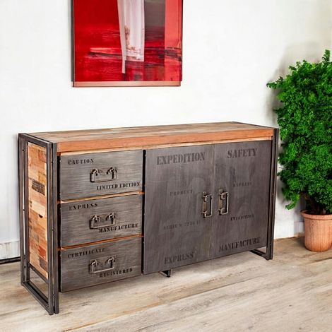 Buffet bois recyclé 2 portes 3 tiroirs 160x45x90cm CARAVELLE (1/5)