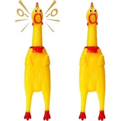 Lot de 2 poulets en caoutchouc jaune qui crient, jouets anti-stress résistants pour animaux de compagnie ou enfants (1/4)