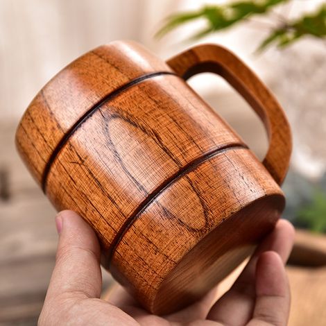 Chope à bière de 300 ml avec anse, en bois de jujubier, résistante à la chaleur, tasse à thé portable (1/5)