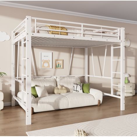 Cama alta metálica de 140x200 cm con escalera doble, espacio de almacenamiento abierto debajo de la cama, blanco (1/5)