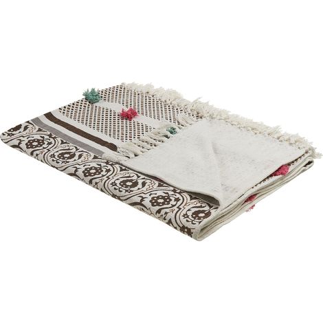Coperta in cotone con pompon decorativi 130 x 180 cm motivo floreale marrone beige Chinsurah