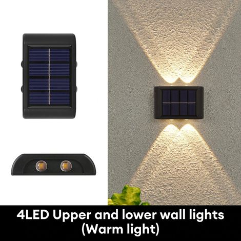 (4 LED - Blanc chaud) Applique murale solaire LED extérieure à détecteur de mouvement vers le haut ou vers le bas, étanche, pour la décoration de jardin. (1/5)