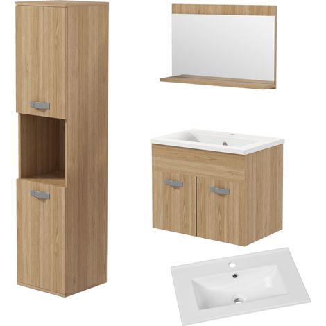 Ensemble salle de bain 4 pièces mural, avec glace, vasque, meuble sous lavabo et colonne de rangement, bois naturel (1/5)