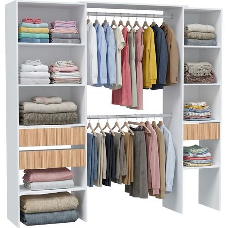 Armadio Guardaroba Aperto Con Ripiani Regolabili 3 Cassetti Doppio Appendiabiti In Alluminio Mobile Armadietto Multiuso Senza Ante Camera Da Letto Cameretta 190 x 187 x 40 Cm Bianco E Rovere Listato