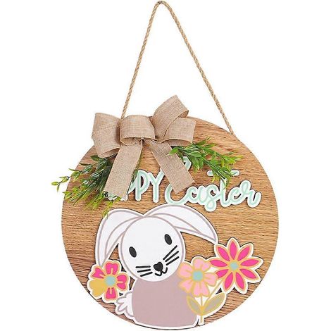 Panneau rond en bois avec lapin de Pâques, idéal pour la décoration intérieure. Charme animalier. (1/4)