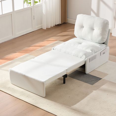 Poltrona letto 81,5x92x90 cm bianco in tessuto effetto lino con struttura in legno massello e funzione estraibile (1/5)