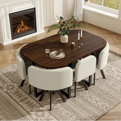 Conjunto de mesa y 6 sillas de comedor, mesa 140x90 cm de MDF y lino, beige y nogal (1/5)