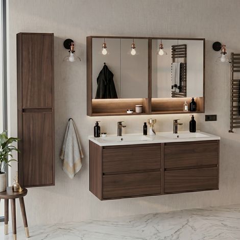 Doppelwaschbecken-Einbau-Waschtischset 120cm Hochschrank und Spiegelschränke Edmé Dunkles Holz (1/5)