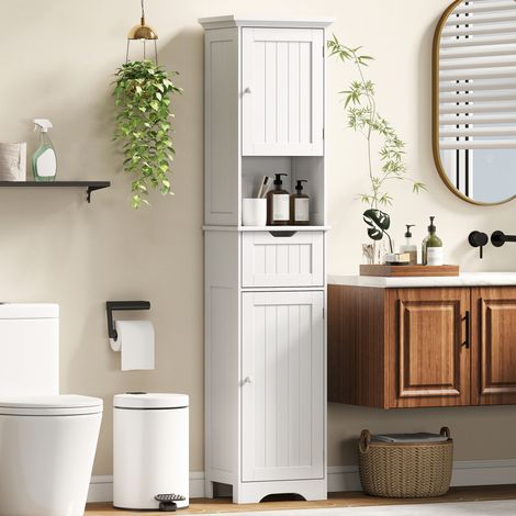 Mobile Colonna Bagno in Legno con 2 Armadietti con Sensore, Ripiano Aperto e Cassetto, 40x30x170 cm, Bianco