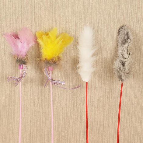 Lot de 4 bâtonnets à fabriquer pour chat avec clochette - Jouet pour chat - Couleur aléatoire - Clochette en plumes colorées (1/4)