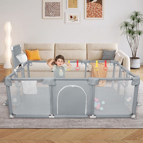Baby-Laufgitter, Kinderschutzgitter mit atmungsaktivem Netz, großer Sicherheitsspielfläche, mit Mini-Basketballkorb und 50 Bällen – Dunkelgrau (180 x 120 x 66 cm) (1/5)
