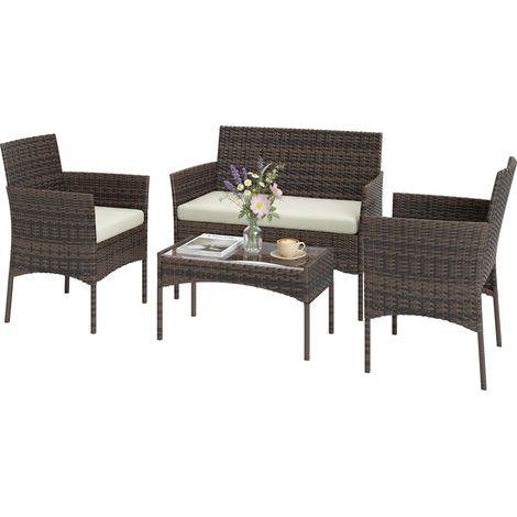 4-teiliges Gartenmöbelset mit 2-Sitzer-Sofa, 2 Sesseln und Couchtisch, aus Rattan und Stahl, Beige und Braun