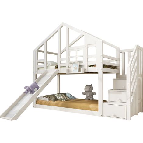 Lit superposé cabane 90x200 cm en bois massif/MDF blanc avec toboggan, rangements et 2 sommiers à lattes (1/5)