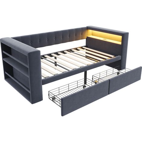 Letto imbottito 90x190 cm grigio scuro con LED, presa elettrica e spazio contenitore (1/5)