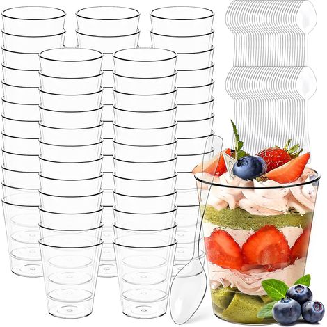 Lot de 60 Verre à Dessert, 55 ml, Plastique PS, Transparent, Avec Cuillère, Pour Fête et Mariage