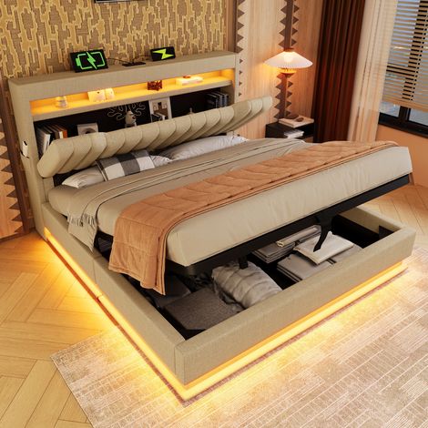 Lit coffre 140x200 LED USB, rangement, lin beige HAVRYA (1/5)