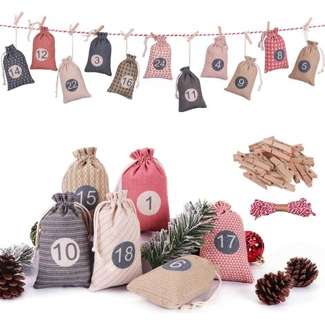 DIY-Adventskalender zum Selbstbefüllen, 24 kleine Stoffbeutel zum Selberbefüllen, Weihnachtsgeschenktüten für Mädchen (bunte Muster) (1/5)