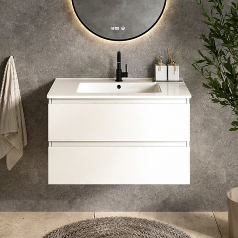 Luma Badezimmermöbel Weiß mit 80 cm breitem, wandhängendem Waschtisch mit Keramikwaschbecken – Schubladen mit Soft-Close-Funktion – feuchtigkeitsbeständig – pflegeleichte Oberfläche – großzügiger Stau (1/5)