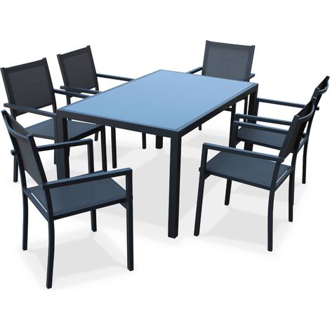 Salon de jardin Capua en aluminium table 150cm. 6 fauteuils en textylène Anthracite / Gris