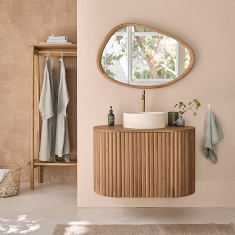 Berah Getah – Meuble sous vasque suspendu en teck massif 90 cm – Porte push and pull – Étagère intérieure pratique – Pour salle de bain moderne (1/5)