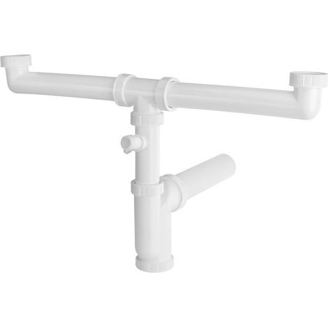 Siphon d'évier avec robinet de raccordement pour machine à laver 6/4", pour éviers doubles, DN50, blanc