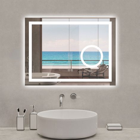 Acezanble – Miroir lumineux de salle de bain 80 x 60cm – Bluetooth – 3 couleurs – Dimmable – Grossissant – Anti-buée – Mémoire – IP44