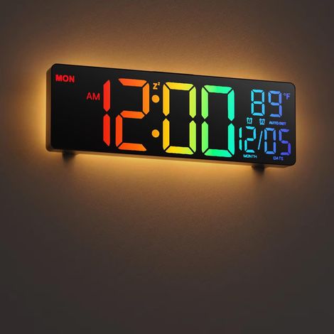 Grande Horloge Murale numérique de 10.5" pour Salon, télécommande, Double Alarme, 8 Couleurs RVB, Grand écran LED, luminosité Automatique, Date, Heure d'été Automatique, température (1/5)