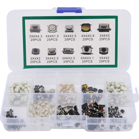 250Pcs Tactile Push Button Switch 10 Types Micro Switch Kit for DIY Electronic Products