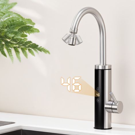 Robinet de Cuisine Brossé Électrique – Puissance & Température Réglables, Mitigeur LED Chauffe-eau Instantané, Connexion Rapide, Rotatif 360° en Inox (1/5)
