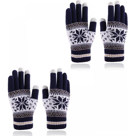 Christmas Gloves - Knitted Lined Gloves - Touchscreen Compatible - Long Finger Design - Thick, Elastic Winter Gloves - Snowflake Pattern, Dark Blue
