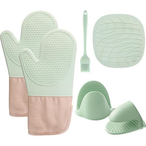 Lot de 6 gants de cuisine en silicone - Résistants à la chaleur et antidérapants jusqu'à 300 °C - Gants de four polyvalents pour la cuisine, la pâtisserie, le barbecue et la cuisine - Vert (1/5)