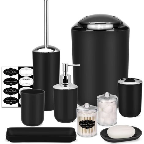 Ensemble d'accessoires de Salle de Bain - 8 pièces - Noir - avec Poubelle, Distributeur de Savon, Porte-Savon, Porte-Brosse à Dents, gobelet à Brosse à Dents, Porte-Brosse de Toilette, (1/5)