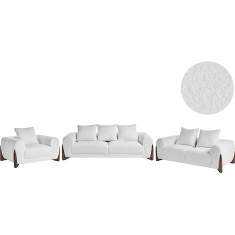 Conjunto de sala de estar 6 plazas sofás y sillón tapizado de bouclé con reposabrazos patas de madera sala de estar moderno blanco Vinliden (1/5)