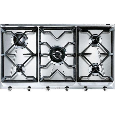 Smeg – Plaque de cuisson gaz 5 foyers 88,5 cm – Acier inoxydable – Allumage électronique – Commande rotative avant – Ultra rapide