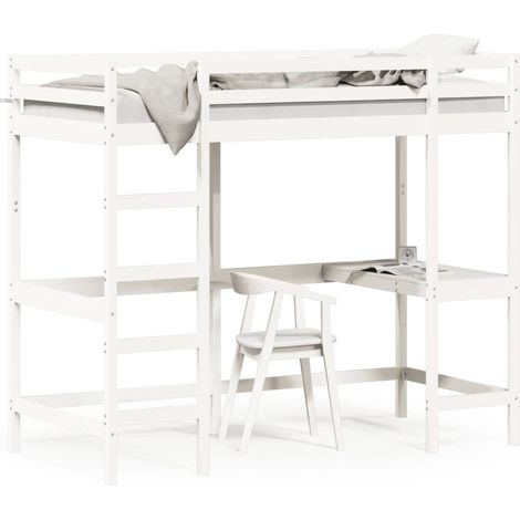 Lit superposé avec bureau blanc 90x190 cm bois de pin massif CFW51602 (1/5)