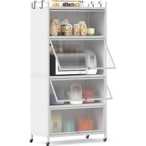 COSTWAY Armadio da Cucina a 5 Ripiani, Mobile Dispensa Cucina con Ruote Girevoli, 4 Porte PC a Ribalta e 4 Ganci, Mensola Microonde in Metallo per Soggiorno, Cucina, Sala da Pranzo (Bianco) (1/5)